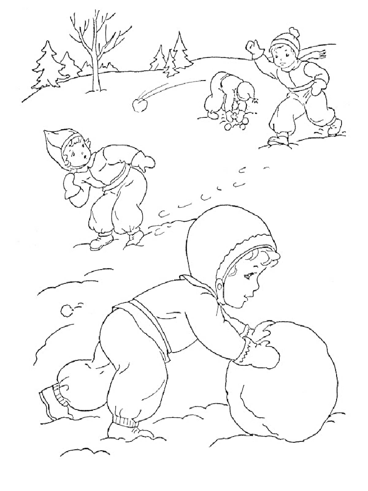 На раскраске изображено: Зимние забавы, Лепка снеговика, Игра в снежки, Ёлки, Снег, Зимняя одежда