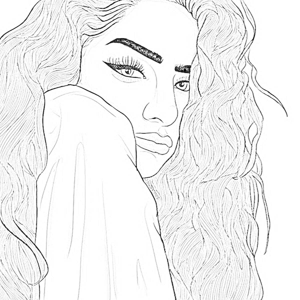 Раскраска Портрет девушки с длинными волнистыми волосами и выразительными бровями, выполненный карандашом