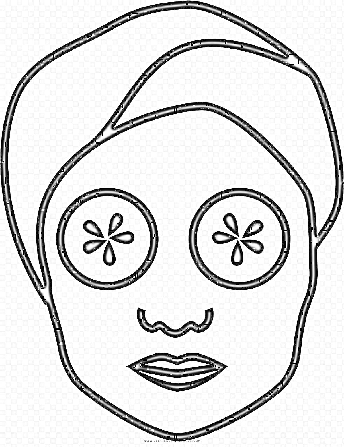Раскраска Лицо с маской, огуречными дольками на глазах и полотенцем на голове