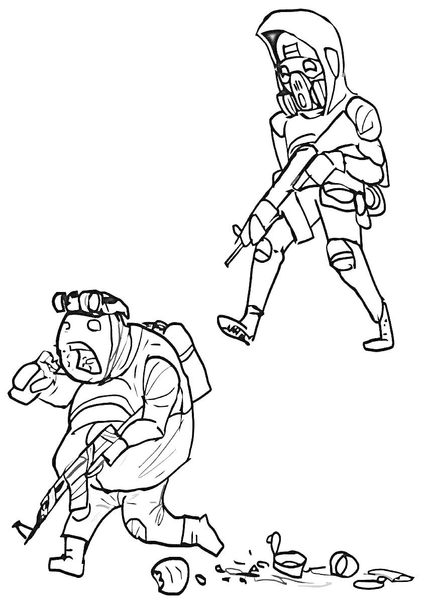 Раскраска Двое сталкеров в защитных костюмах с оружием и спущенной банкой