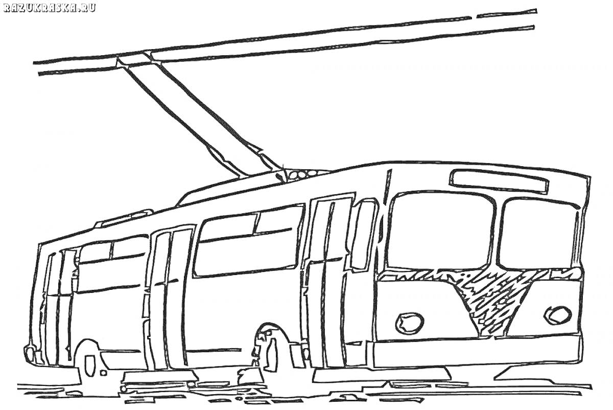 На раскраске изображено: Троллейбус, Городской транспорт, Электробус, Городской пейзаж, Транспорт