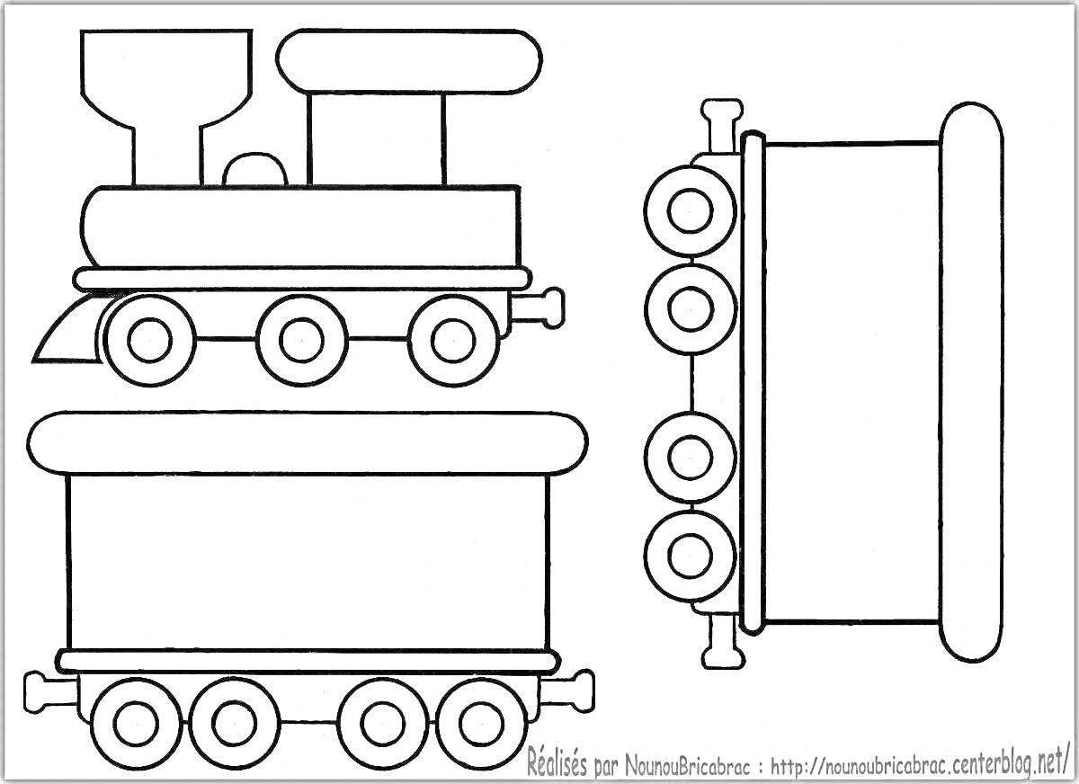 Раскраска Паровоз с вагонами: два вагона и один локомотив
