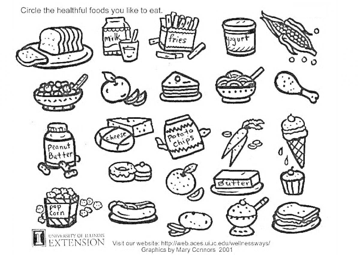 Раскраска Разнообразные продукты, такие как хлеб, молоко, картофель фри, йогурт, морковка, куриное крылышко, арахисовое масло, печенье, попкорн, яблоки, орехи, овсяное печенье, арбуз, гамбургер, сыр, мороженое, батончики, кекс.