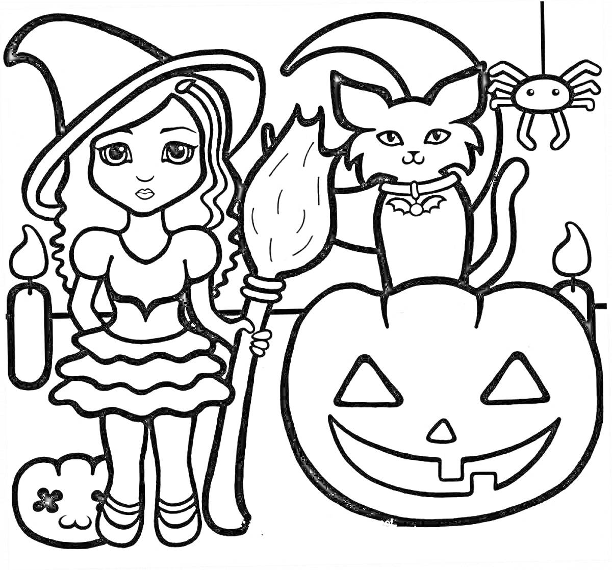 Раскраска Девочка-ведьма с метлой, черная кошка, тыква с вырезанным лицом, паук, две свечи, череп
