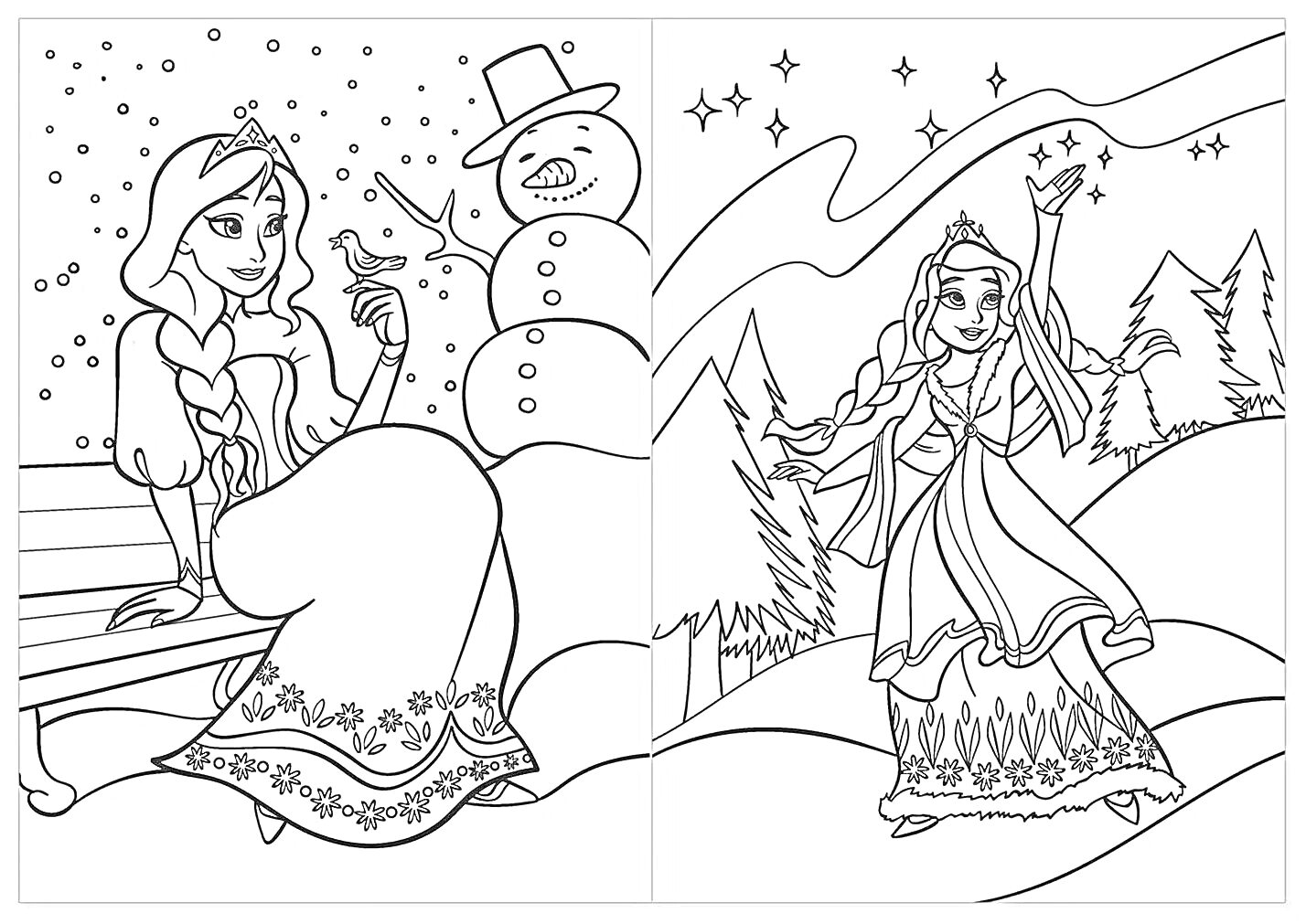 Раскраска Девушка на скамейке, снежная баба, танцующая девушка в зимнем лесу