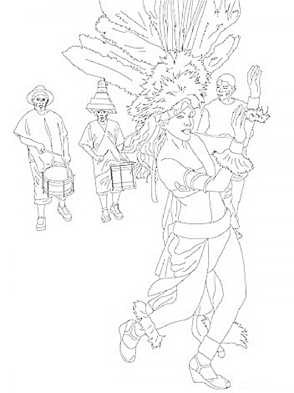 Раскраска парад на карнавале с барабанщиками и танцующей женщиной с перьями