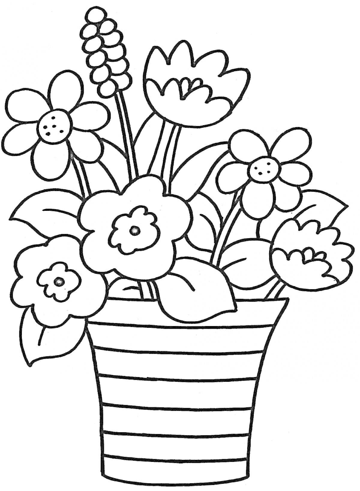 На раскраске изображено: Цветы, Ваза, Для детей, 6 лет, 7 лет, Цветение, Листья, Лепестки, Узоры
