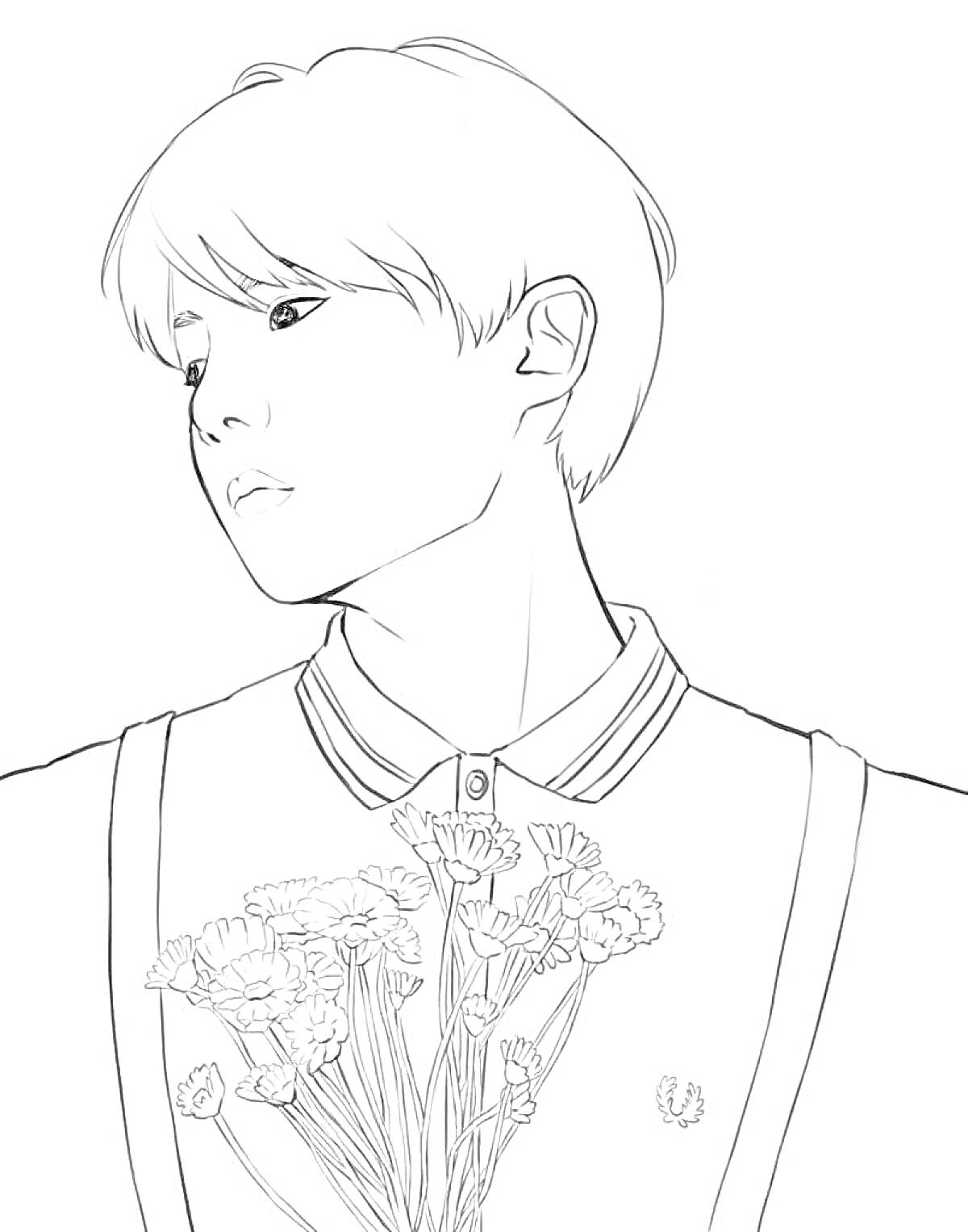 Раскраска Портрет молодого человека с букетом цветов, в футболке-поло с воротником