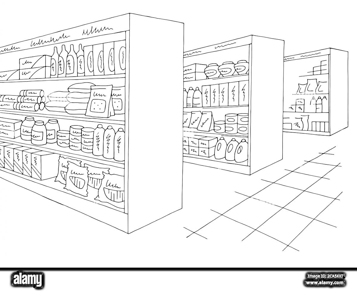Раскраска Магазин, полки с товарами, упаковки, бутылки, коробки.