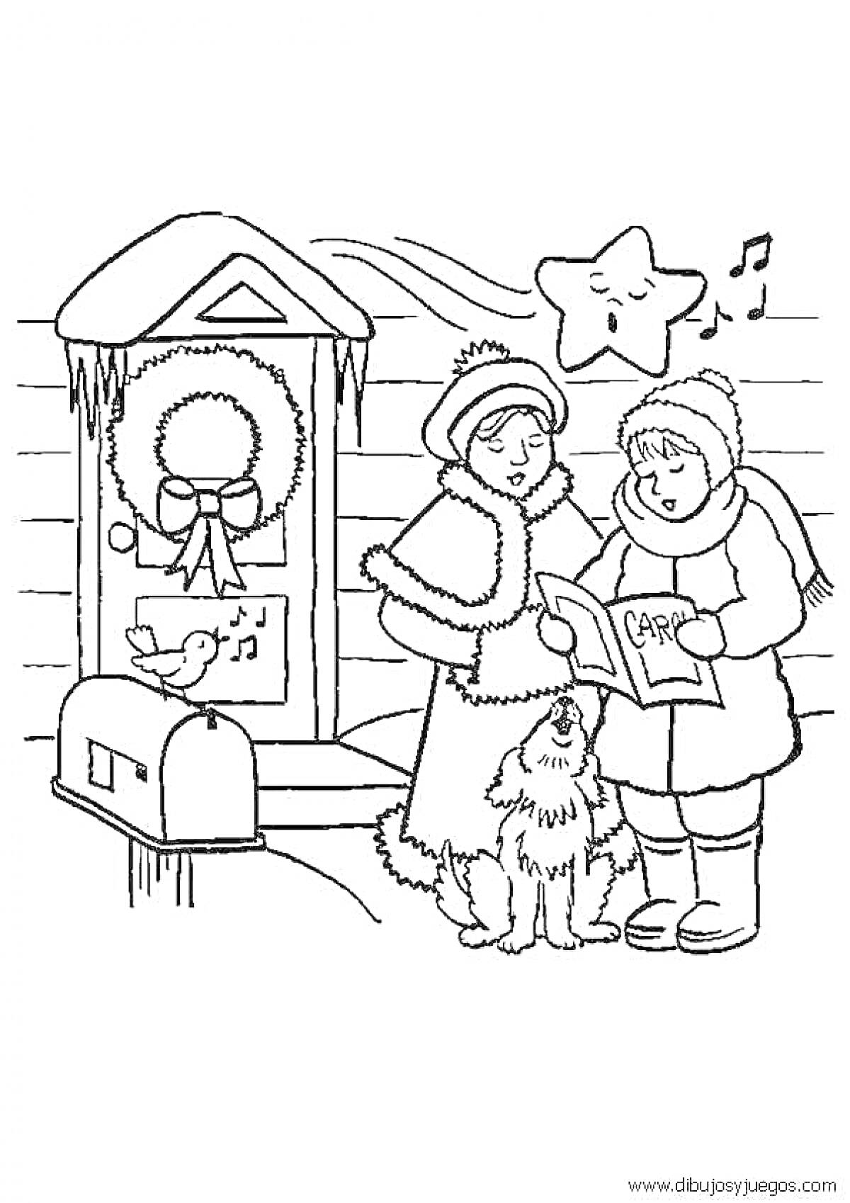 Раскраска Дети поют колядки на крыльце, украшенном венком, рядом с почтовым ящиком и собакой