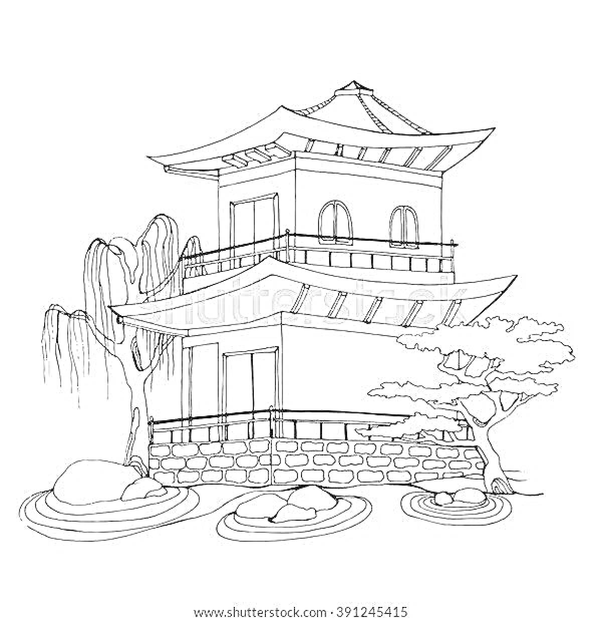 На раскраске изображено: Японский дом, Традиционная архитектура, Крыша, Каменная стена, Деревья, Пруд, Камни, Сад, Природа