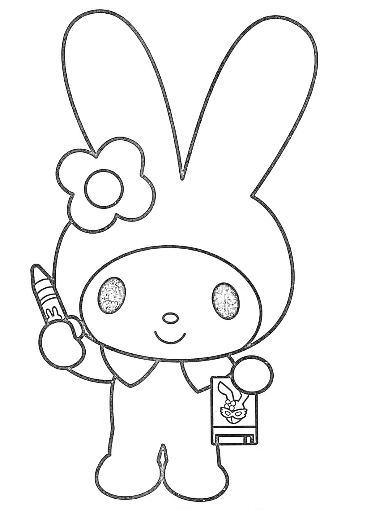 Куроми с цветком на голове, держащая карандаш и альбом для рисования с изображением Куроми