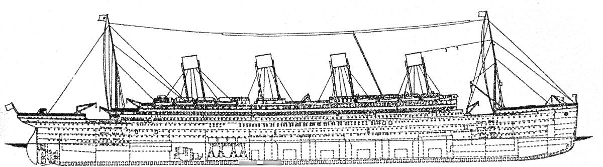 Раскраска Силуэт корабля Титаник с дымовыми трубами, мачтами и палубой, вид сбоку