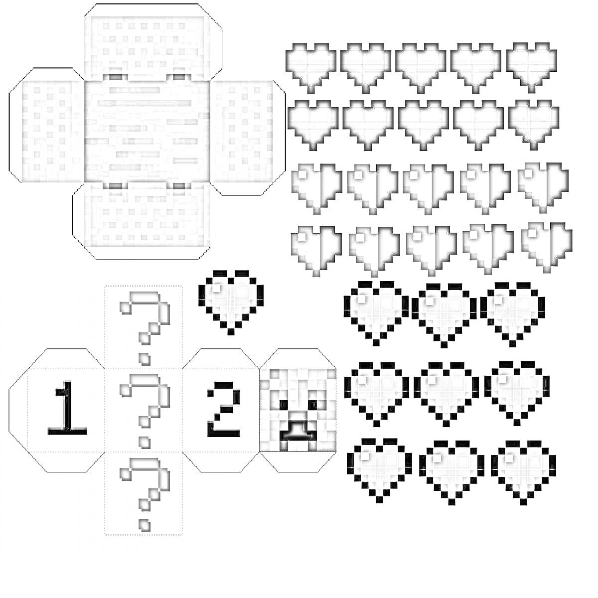 Раскраска Куб из бумаги с сердцами и персонажем из игры Minecraft