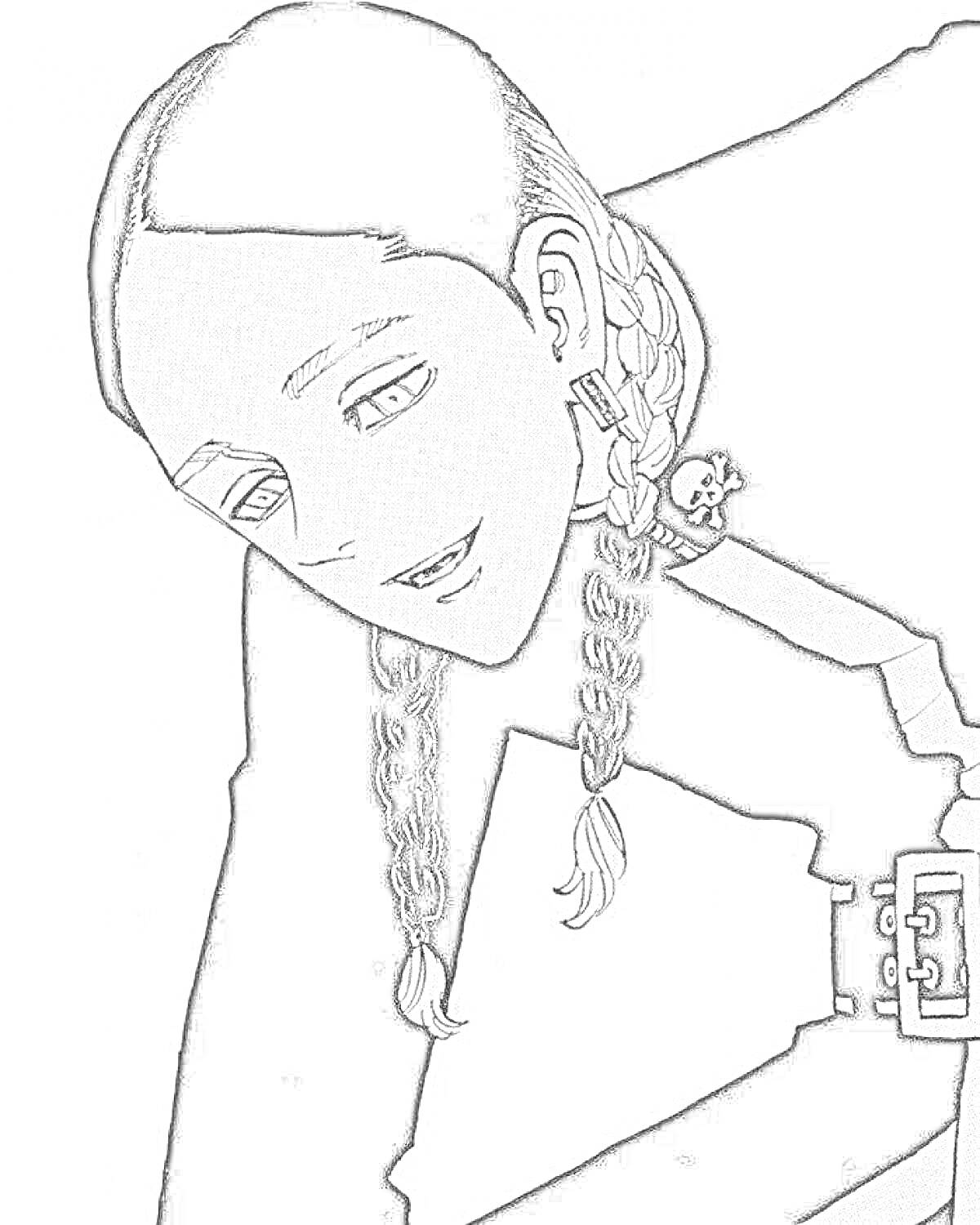 Раскраска Брат с заплетёнными косами и улыбкой, в куртке с черепом и большими пряжками