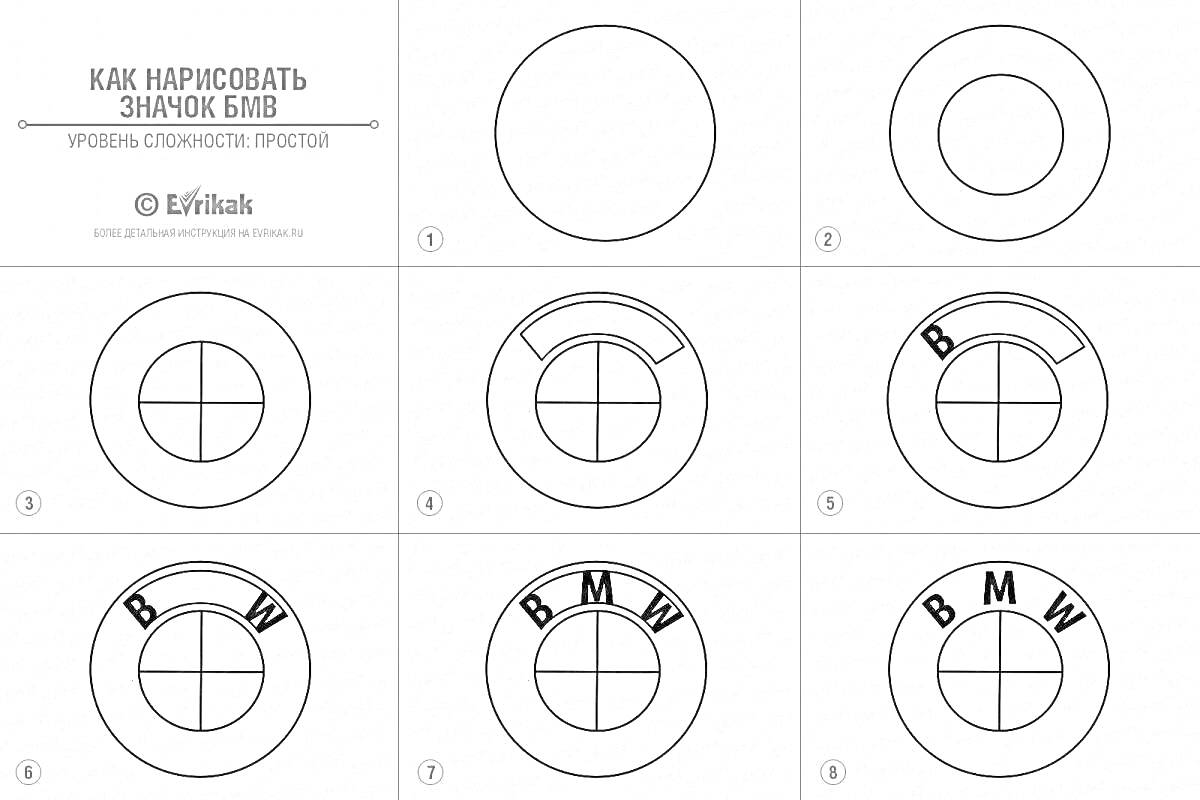 Раскраска Как нарисовать значок БМВ. Шаги от 1 до 9, начиная с большого круга, добавляя внутренние детали, буквы 