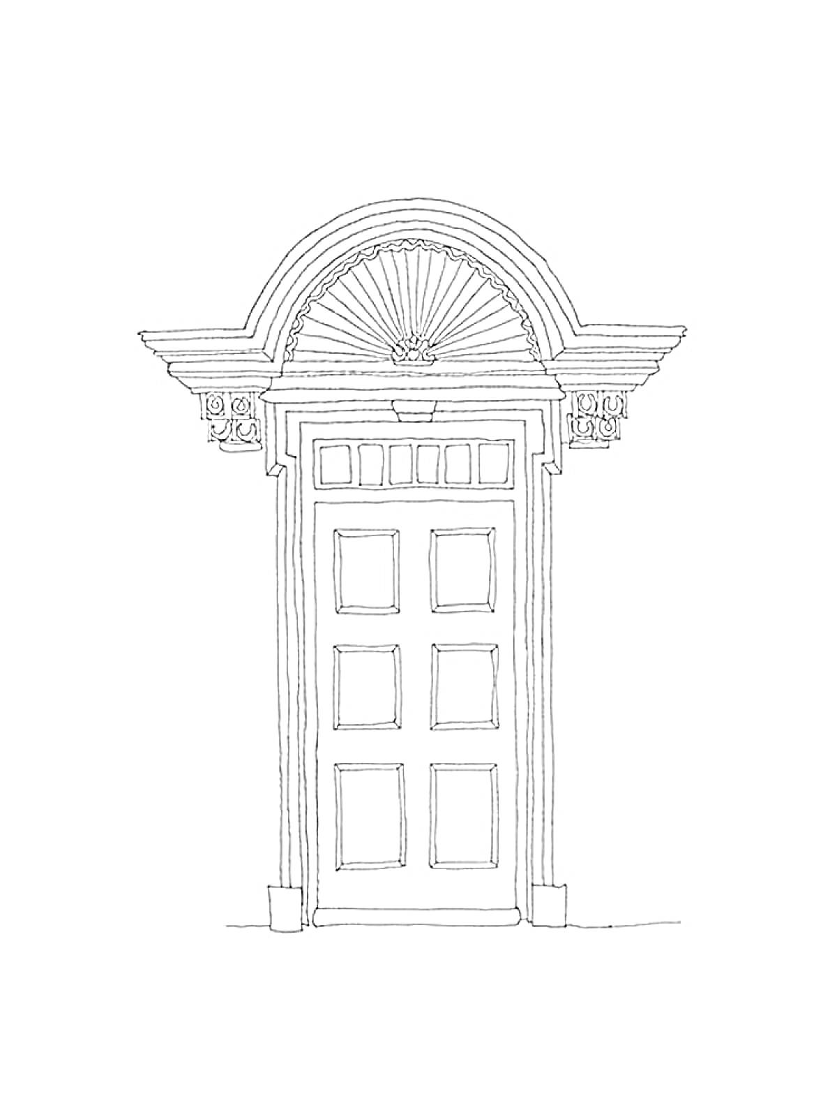 На раскраске изображено: Дверь, Арка, Декоративные элементы, Архитектура, Классический стиль