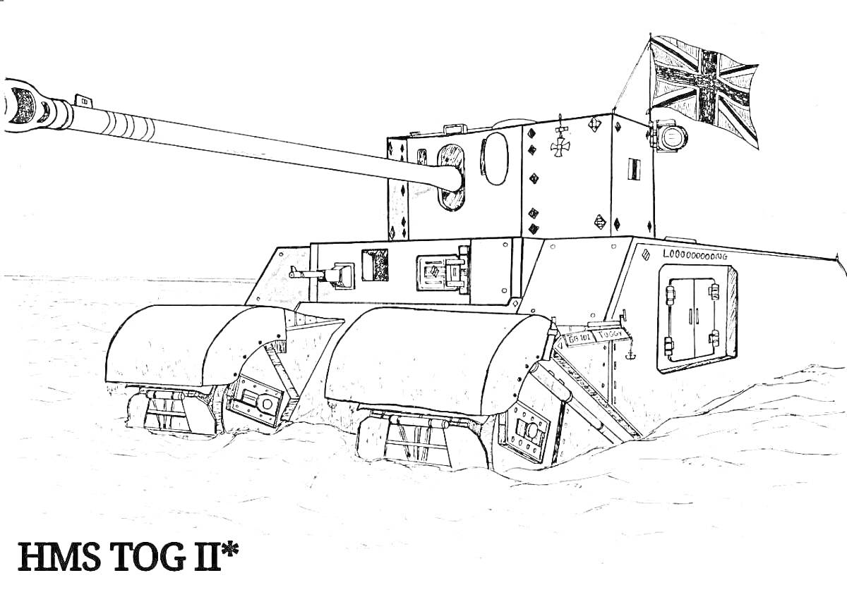 Раскраска танк HMS TOG II с британским флагом
