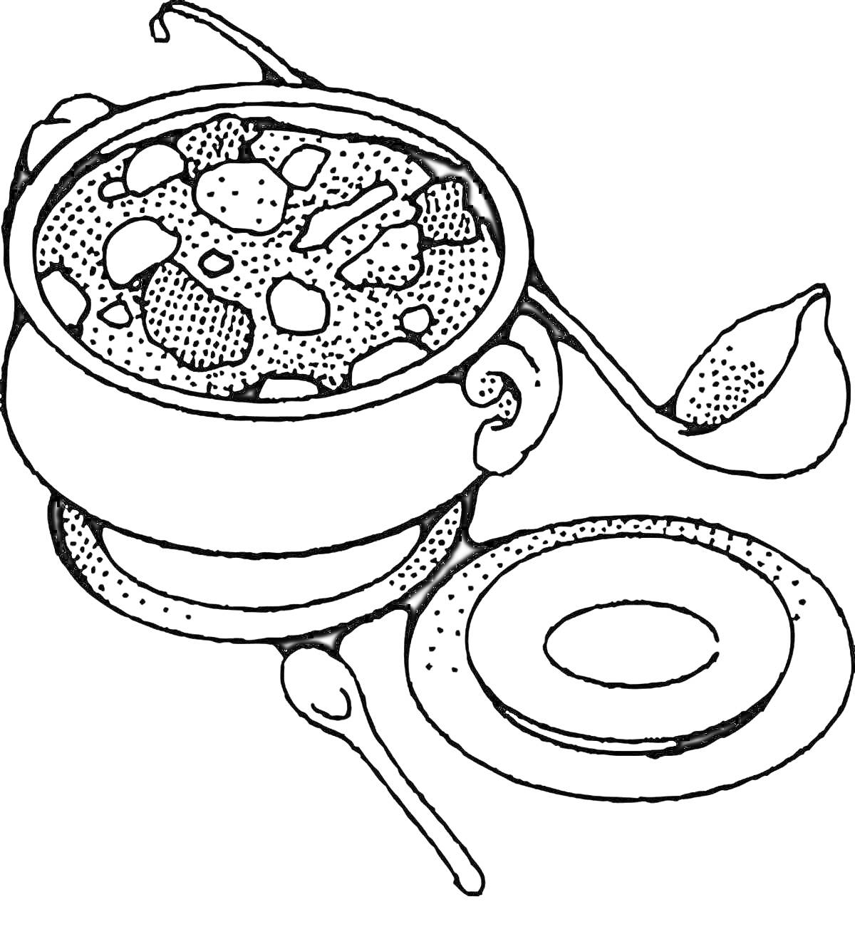 На раскраске изображено: Суп, Половник, Тарелка, Ложка, Еда, Кухня, Овощи