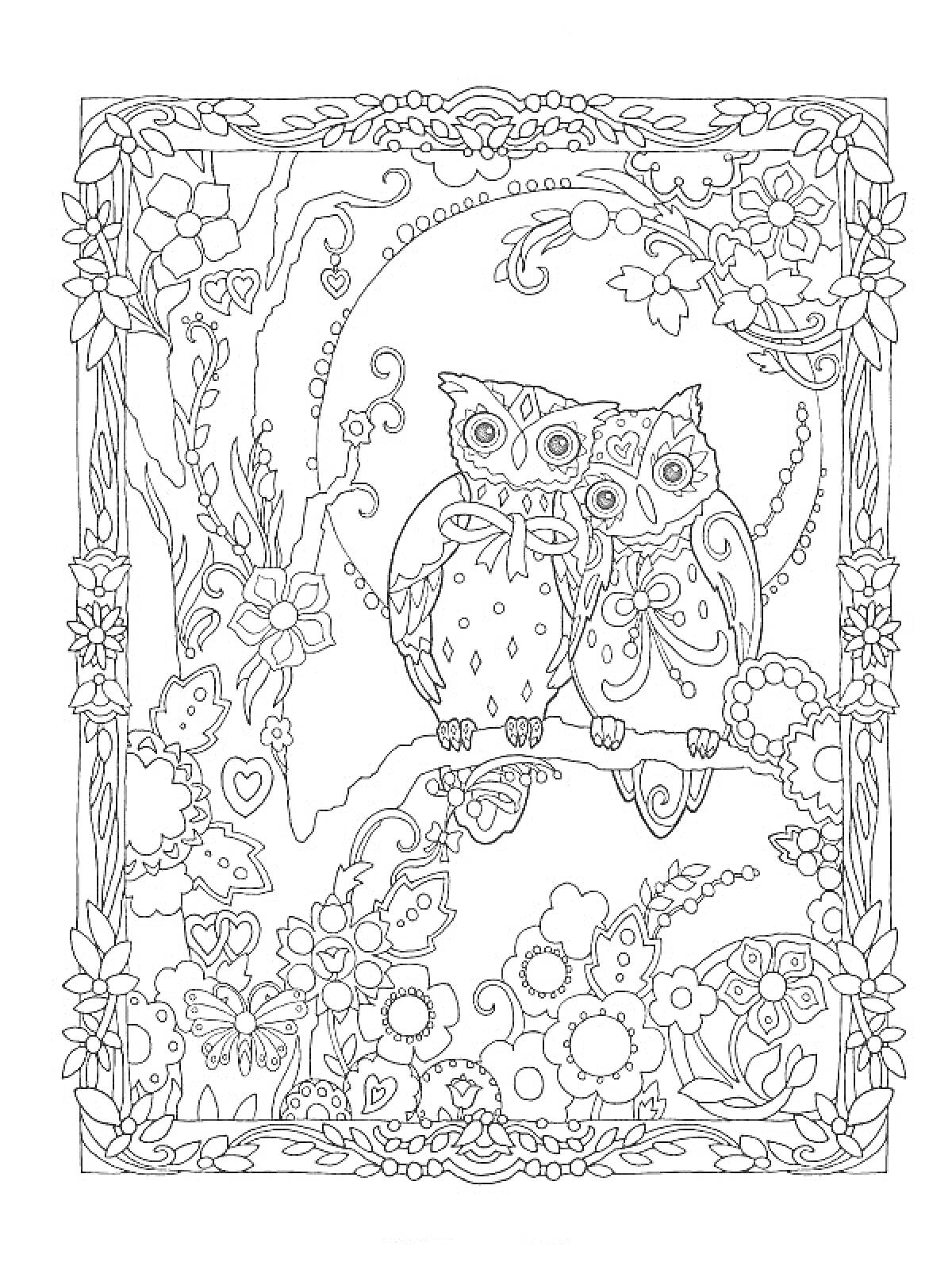 Раскраска Две совы на ветке среди цветов с деревьями и декоративными узорами по краям