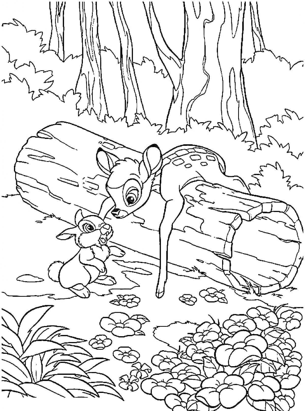 Раскраска Бэмби и кролик у поваленного дерева в лесу