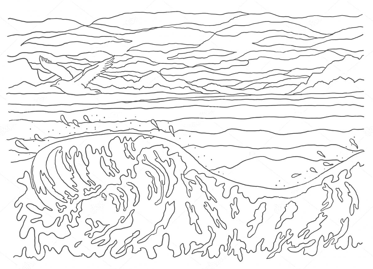 На раскраске изображено: Море, Облака, Вода, Горизонт, Природа, Волны, Киты, Океаны