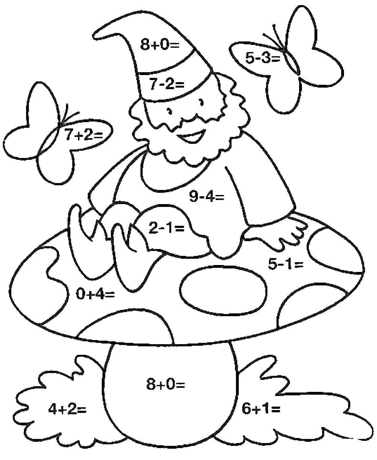 На раскраске изображено: Математические примеры, Человек, Шляпа, Сложение, Вычитание, Для детей, 1 класс, Грибы, Бабочка