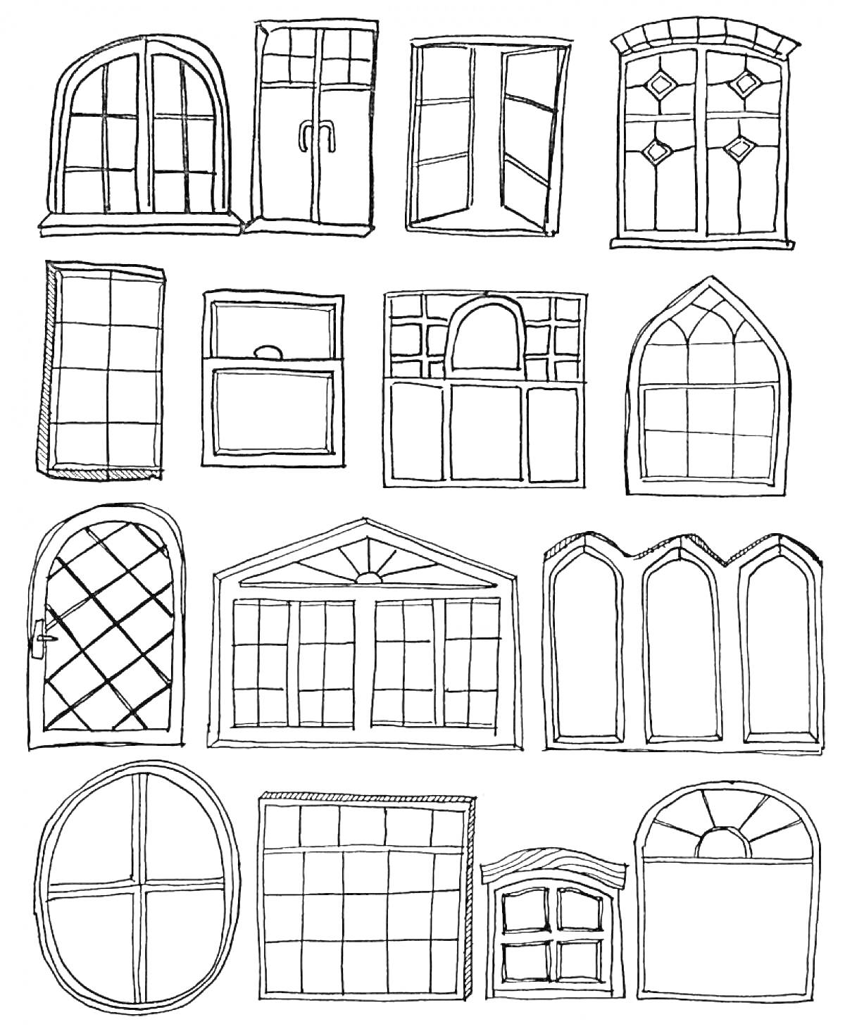 Раскраска Разнообразные формы окон: круглые, арочные, прямоугольные и двойные распашные