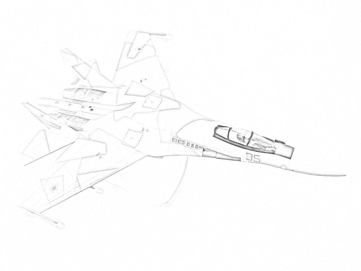 Раскраска Су-35 в воздухе со всеми деталями, включая камуфляжную раскраску и экипаж в кабине