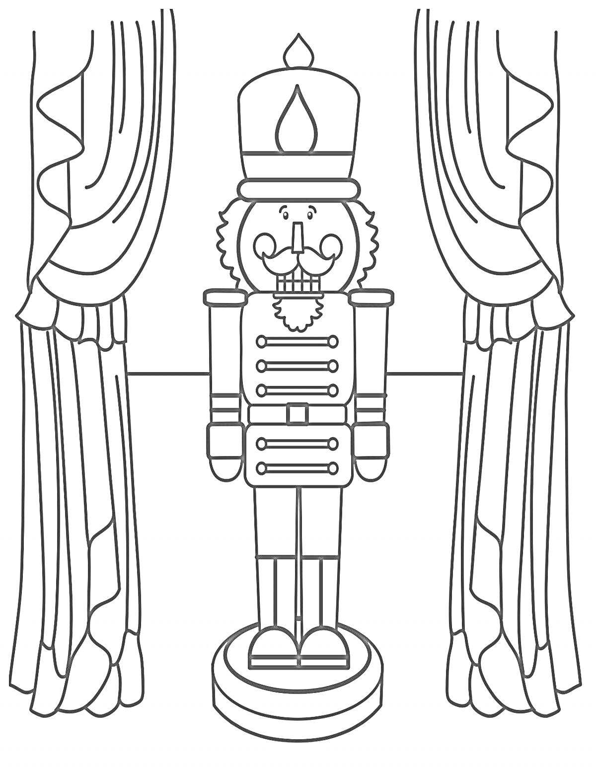 На раскраске изображено: Щелкунчик, Занавес, Классический костюм, Деревянная игрушка