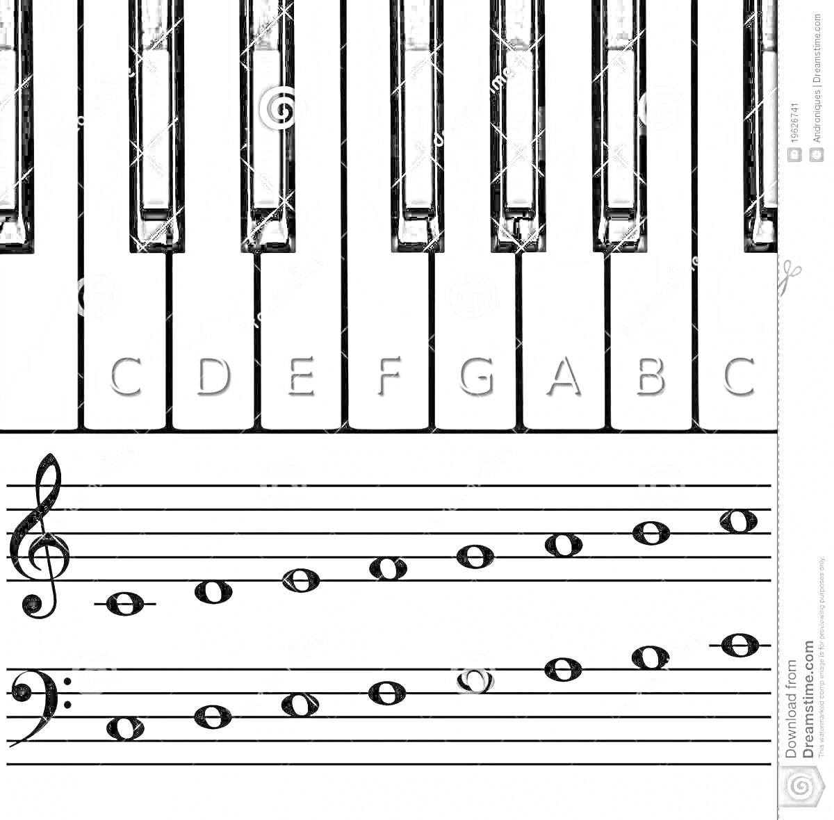 Раскраска Клавиши пианино с обозначениями нот и музыкальный нотный стан