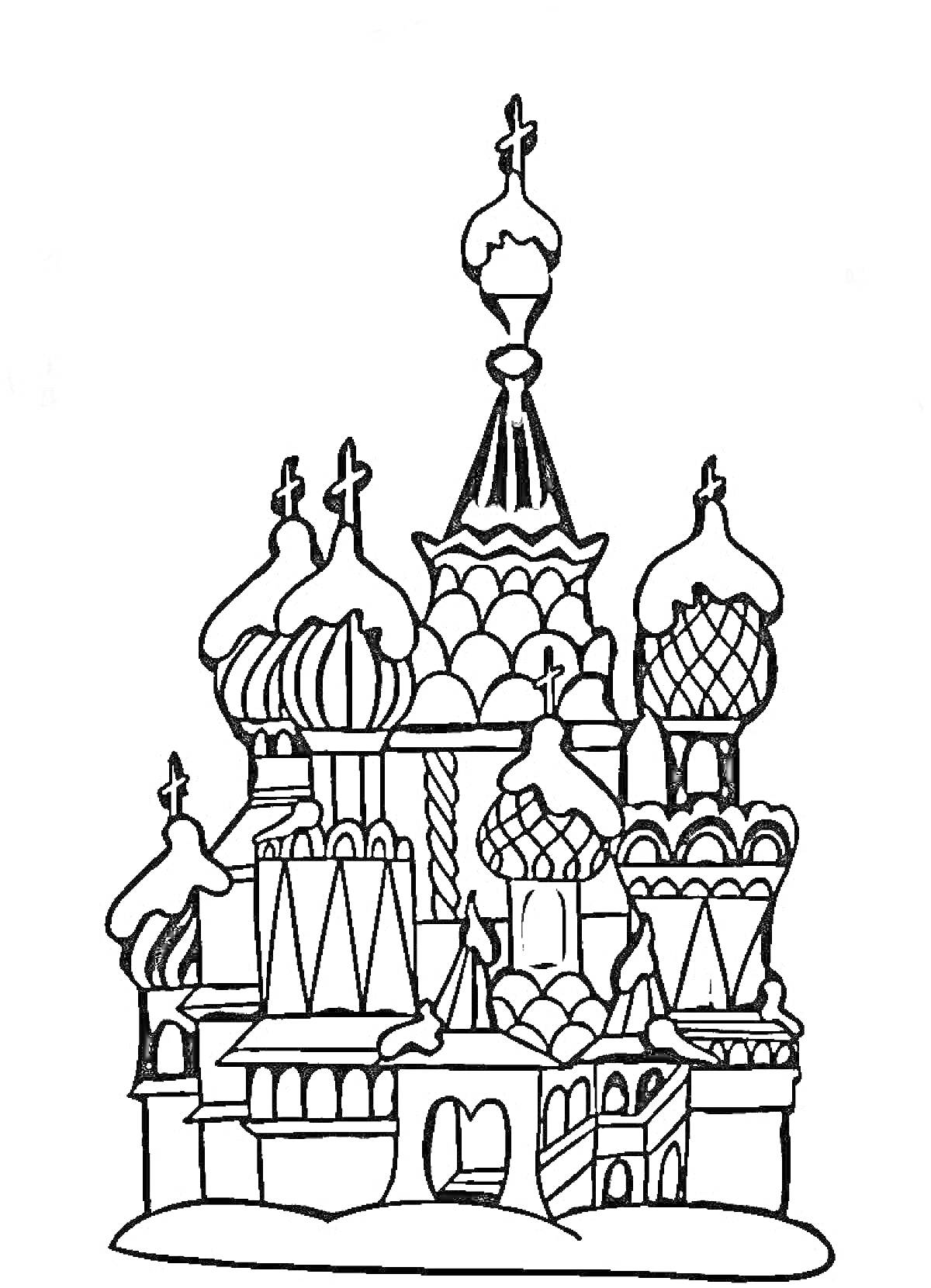 На раскраске изображено: Кремль, Башни, Купола, Архитектура, Россия, Москва, Исторические здания