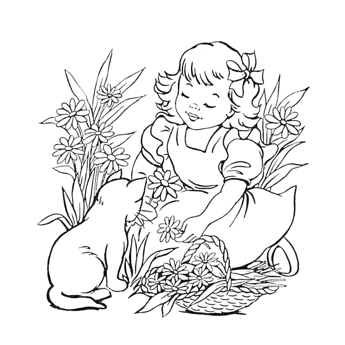 Раскраска Девочка с котенком среди цветов