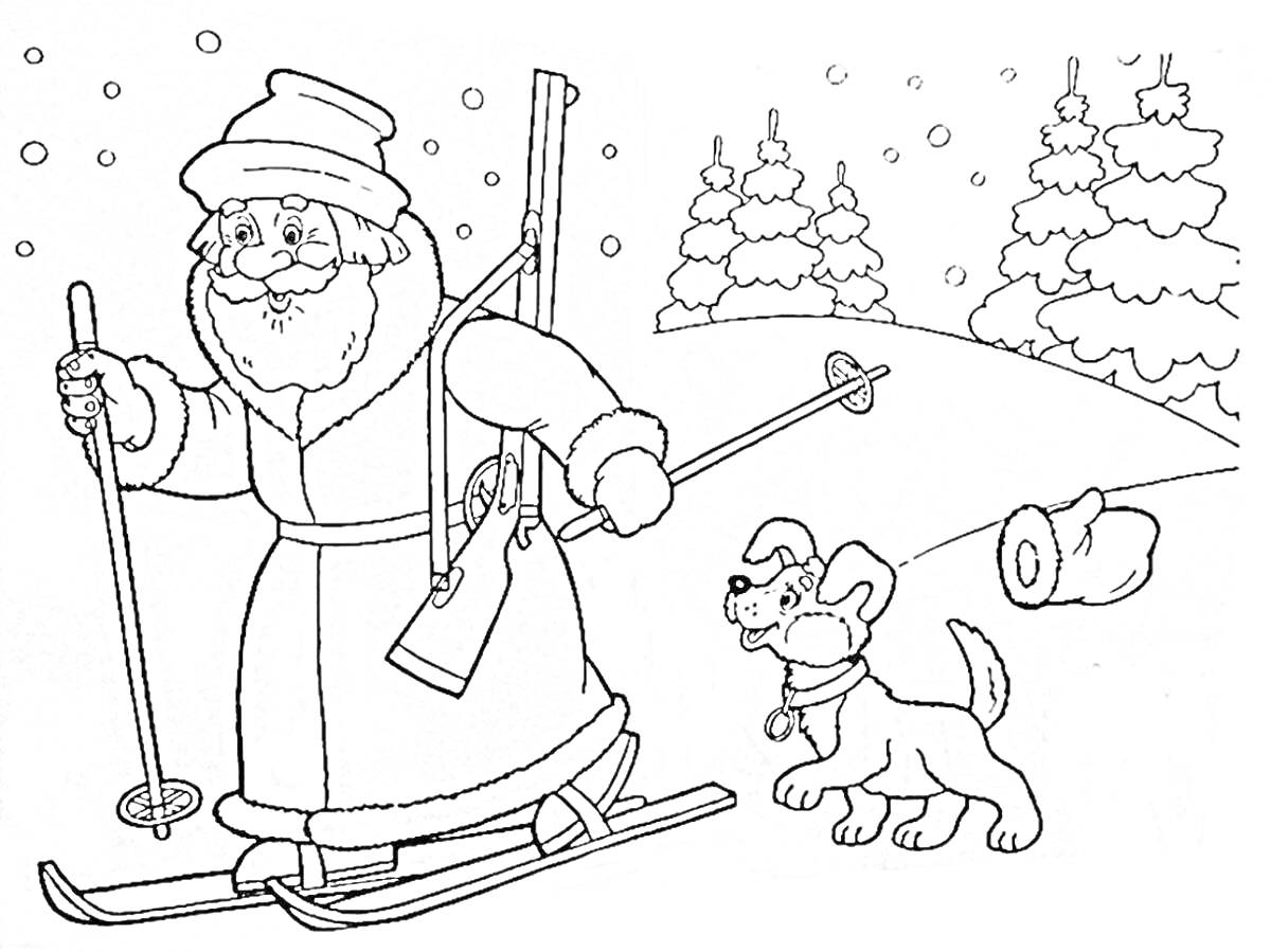 Раскраска Дед Мороз на лыжах с собакой, упавшая рукавичка и заснеженный лес на заднем плане