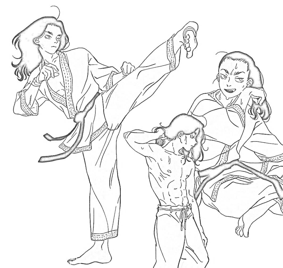 Раскраска три бойца в кимоно, высокие удары ногами, боевые позы