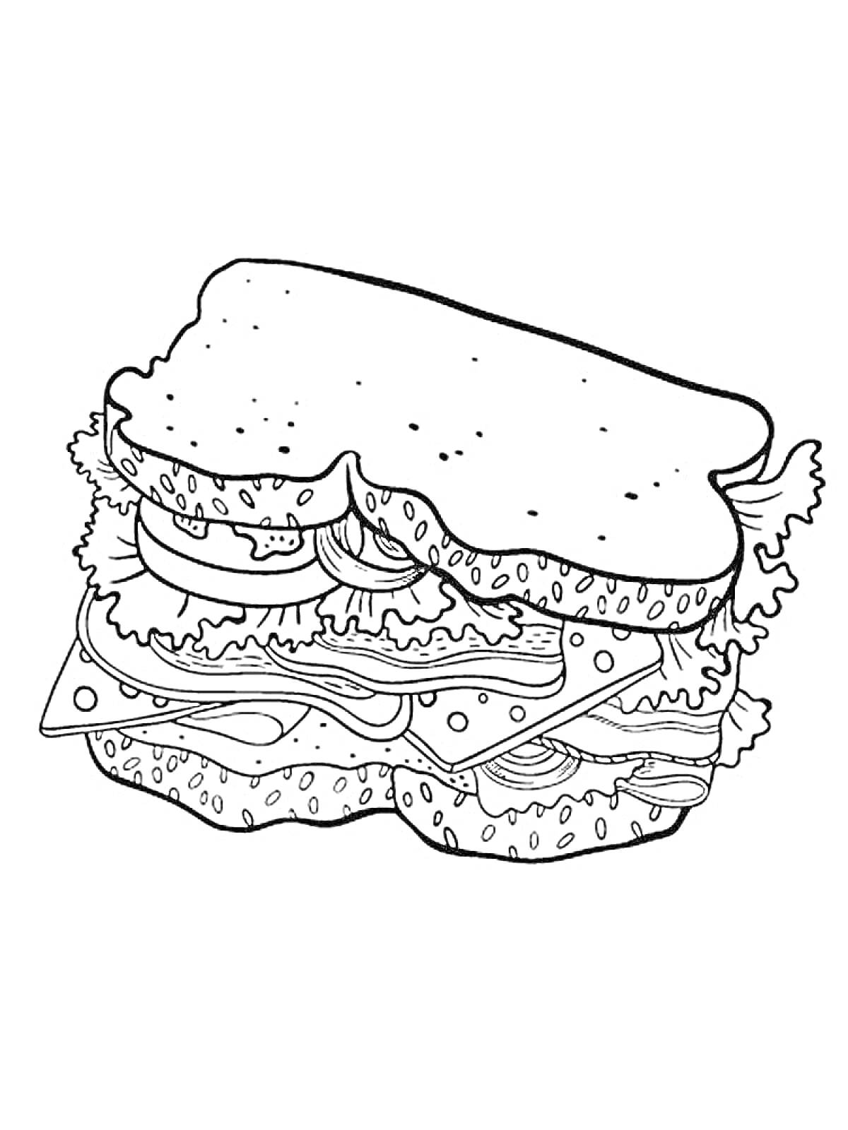 На раскраске изображено: Бутерброд, Мясо, Сыр, Овощи, Хлеб, Еда