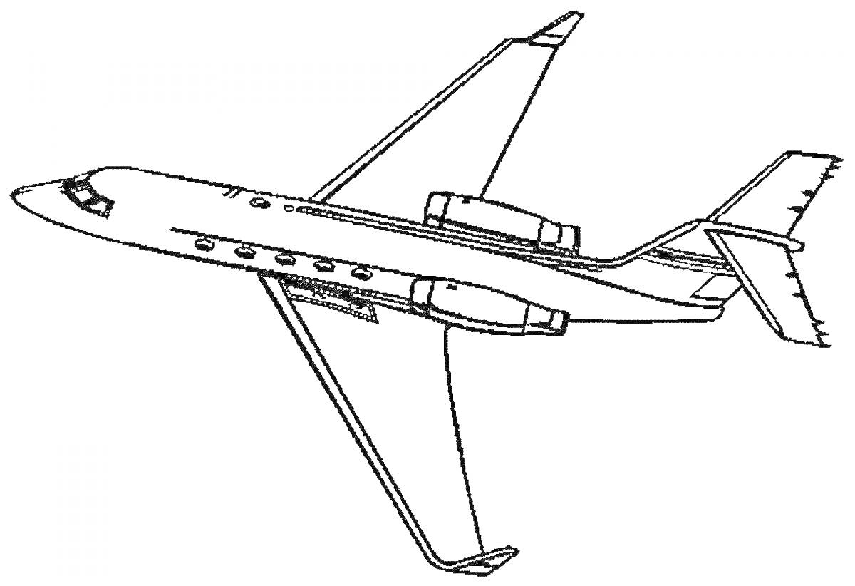 На раскраске изображено: Реактивный самолёт, Иллюминаторы, Хвостовой стабилизатор, Полет, Крылья