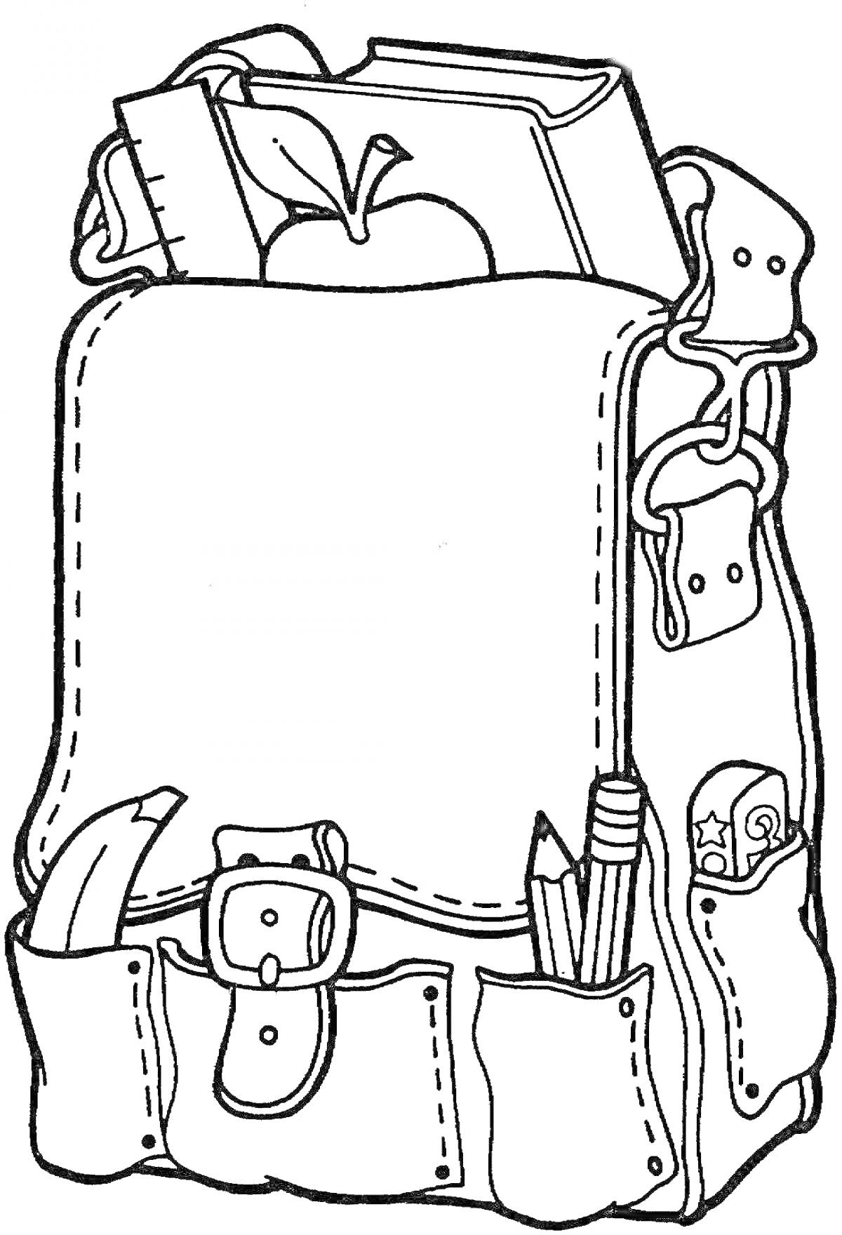 На раскраске изображено: Яблоко, Линейка, Банан, Карандаши, Циркуль, Школьный ранец