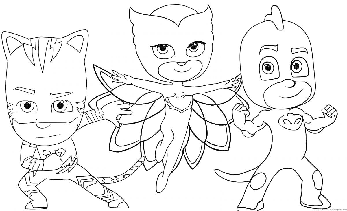 Раскраска Персонажи из игры герои в масках, Кэтбой, Алетт и Гекко в костюмах и с масками, изображены в динамичных позах