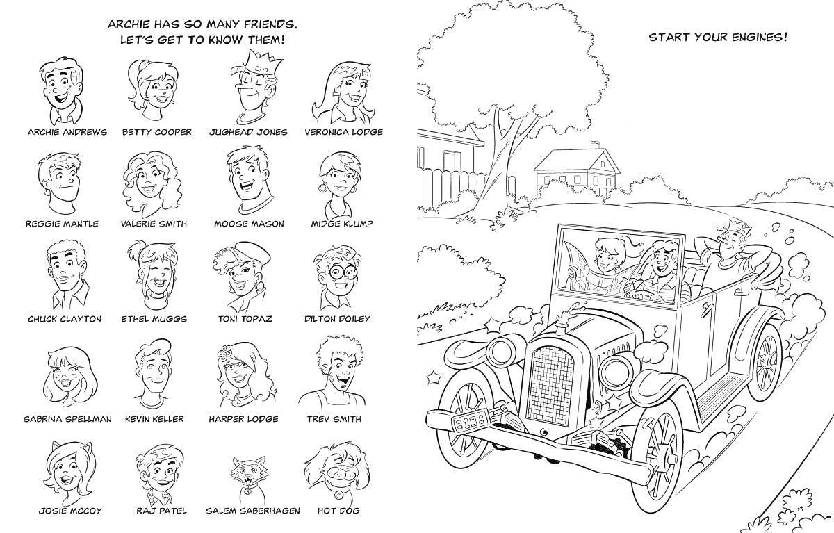 Раскраска Герои Ривердейла и поездка на автомобиле: персонажи и деревенский пейзаж, автомобиль с тремя людьми