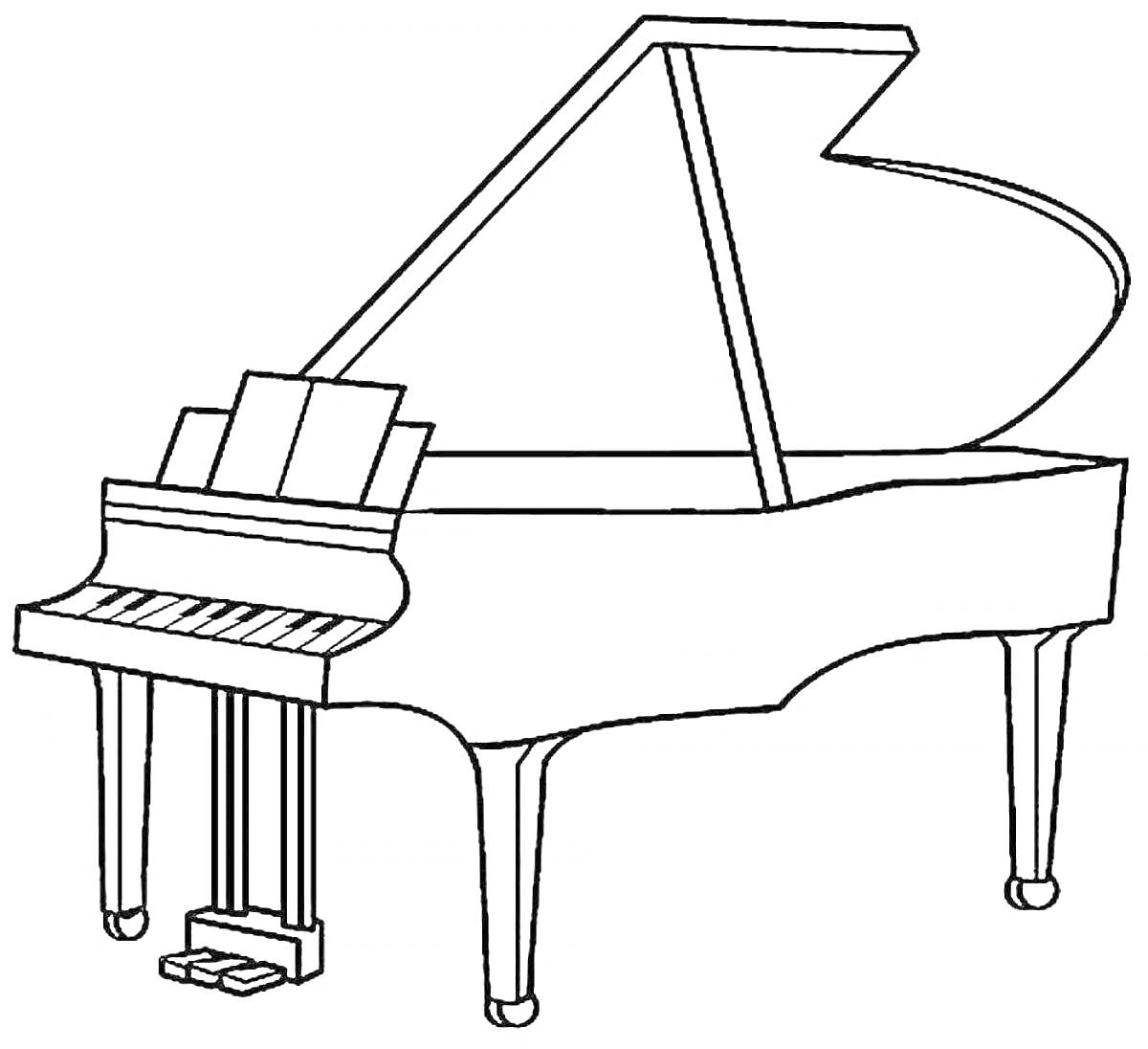 Рояль с открытой крышкой, клавишами и педалями