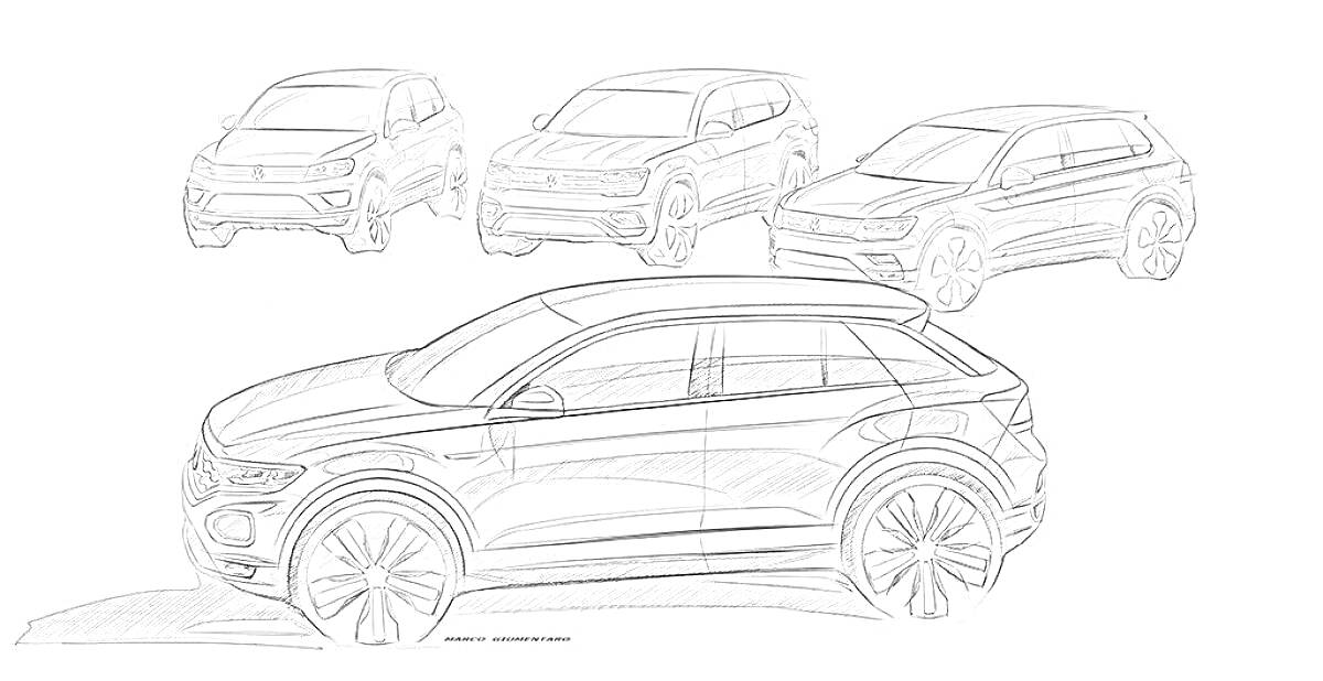 Раскраска Рисунки кроссоверов Туарег: четыре модели автомобилей.