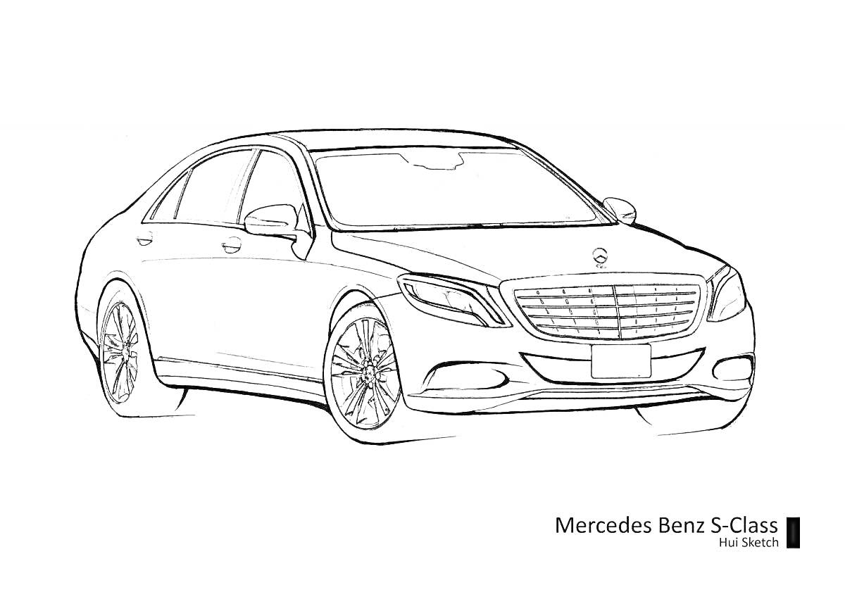 Раскраска Раскраска автомобиля Mercedes Benz S-Class вид сбоку с зеркалом, фарами, капотом, дверями, окнами и колесами