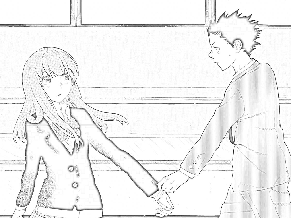Раскраска Девушка и парень держатся за руки в школьной форме на фоне окна