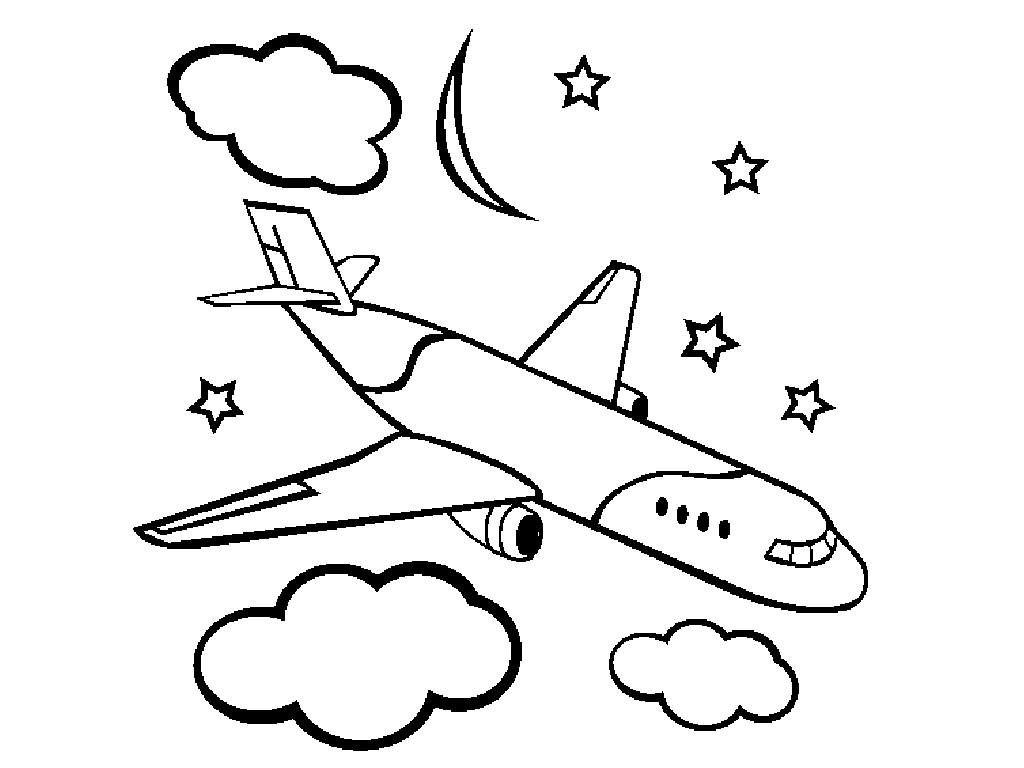 Раскраска Самолет среди облаков, звезд и луны