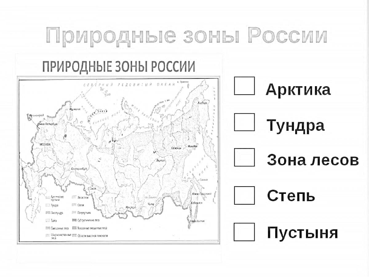 На раскраске изображено: Природные зоны, Россия, Арктика, Тундра, Степь, Пустыня, Карта, География, 4 класс, Окружающий мир