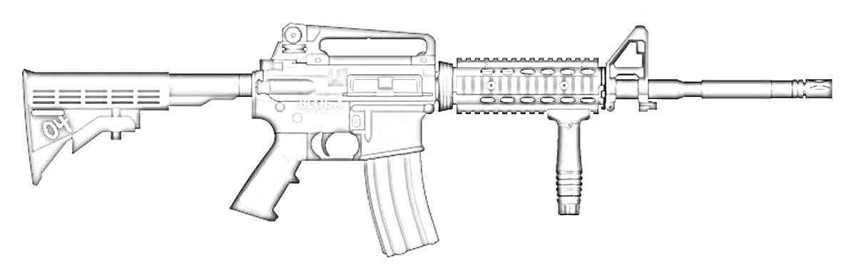 Раскраска M416 с телескопическим прикладом, несъёмной рукояткой для переноски, вертикальной передней рукояткой и тактической планкой