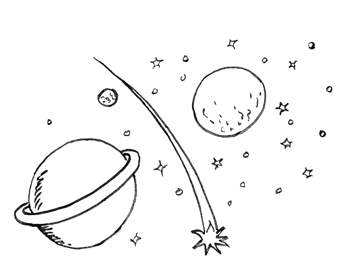 На раскраске изображено: Комета, Планеты, Звезды, Космос, Небо, Астероиды, Спутники