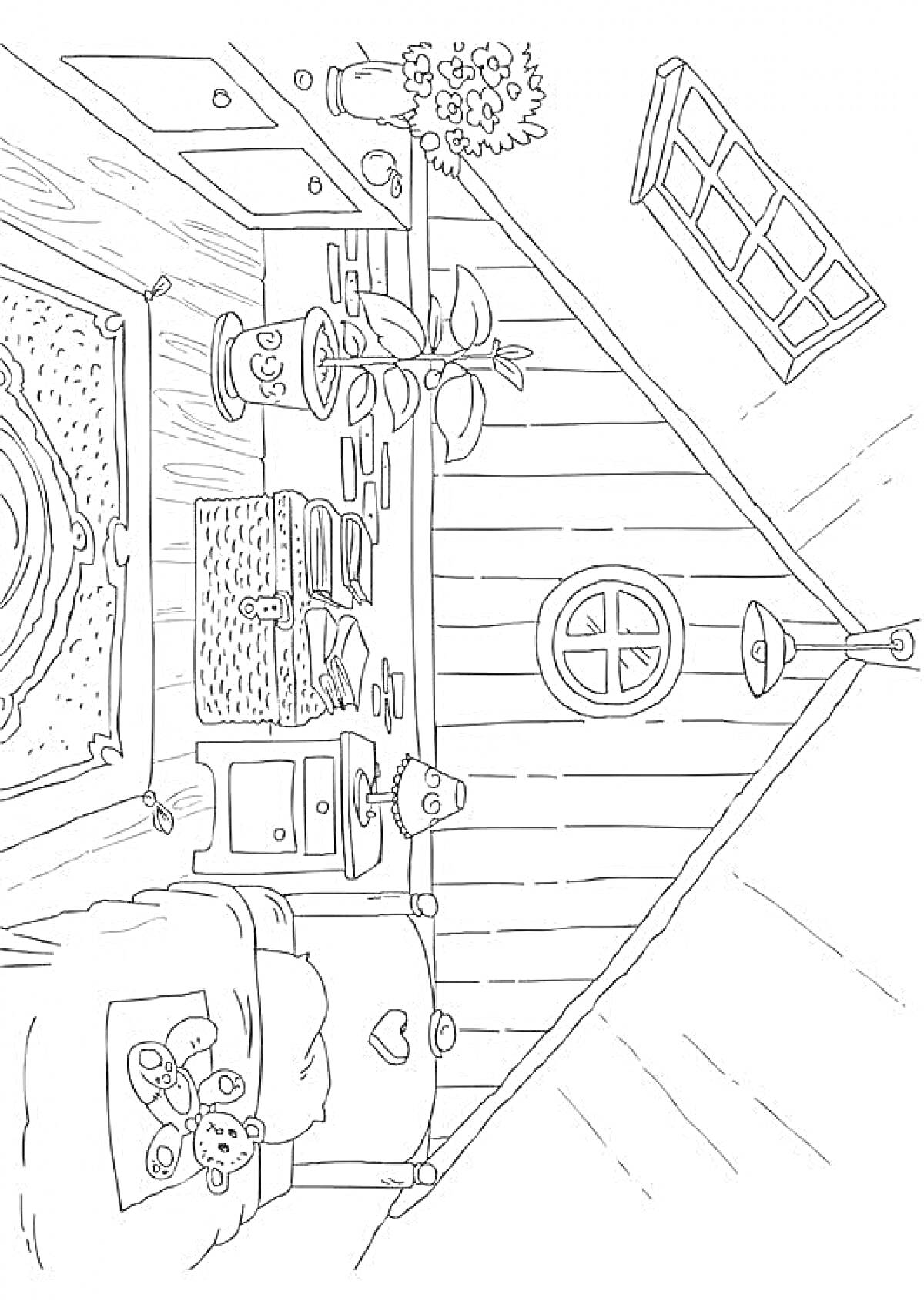 Раскраска Комната в домике с цветами, кроватью, полкой и окнами