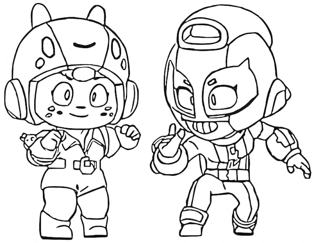 Раскраска Два персонажа из Brawl Stars в костюмах животных и супергероев